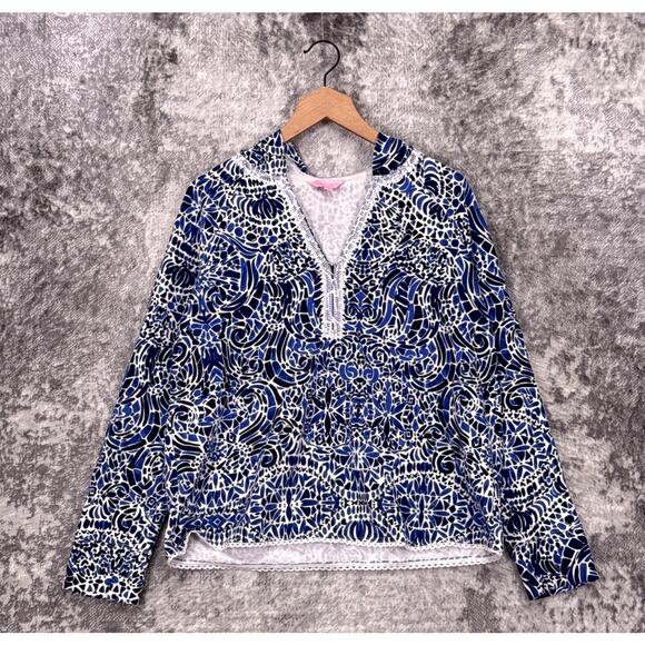 Lilly Pulitzer Harmon Hoodie Large Womens Cotton UPF 50 Blue Mosaic Pullover - Picture 1 of 9